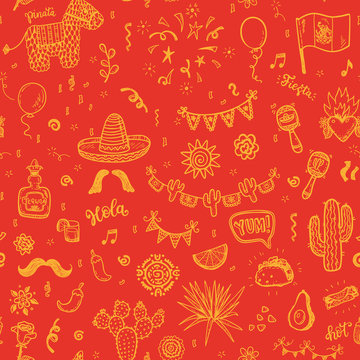 Vector Seamless Pattern With Hand Drawn Doodle Mexican Fiesta Elements. 