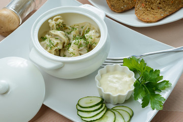 Meat dumplings with dill and sauce