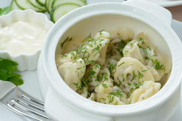 Meat dumplings with dill and sauce