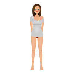 Shy sexy girl in gray t-shirt and red lingerie. Isolated vector illustration.