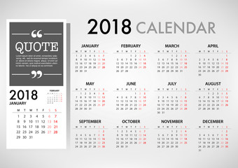 Calendar for 2018 Template design. Week Starts Monday. Vector EPS10