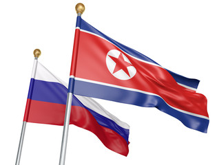 Isolated North Korea and Russia flags flying together for diplomatic talks and trade relations, 3D rendering