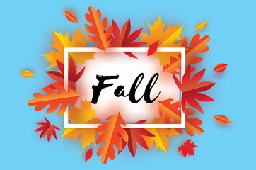 Beautiful Autumn Fall Paper Cut Leaves. Hello Autumn. September flyer template. Rectangle frame. Space for text. Origami Foliage. Maple, oak. Fall poster. Blue background. Vector