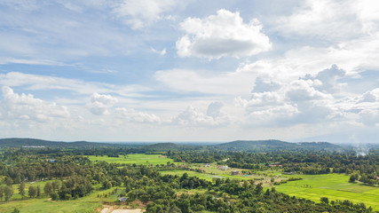 Fototapeta na wymiar Aerial top view photo from flying drone of the mountains and fields in the countryside of Chiang Mai, Northern Thailand
