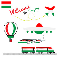 Hungary flag, Hungary, Travel to Hungary. Visit to Hungary with airplane, balloon, and train. Vector illustration.