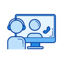 Video conference vector line icon isolated on white background. Video conference line icon for infographic, website or app. Blue icon designed on a grid system.