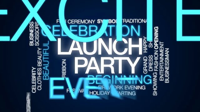 Launch party animated word cloud, text design animation.