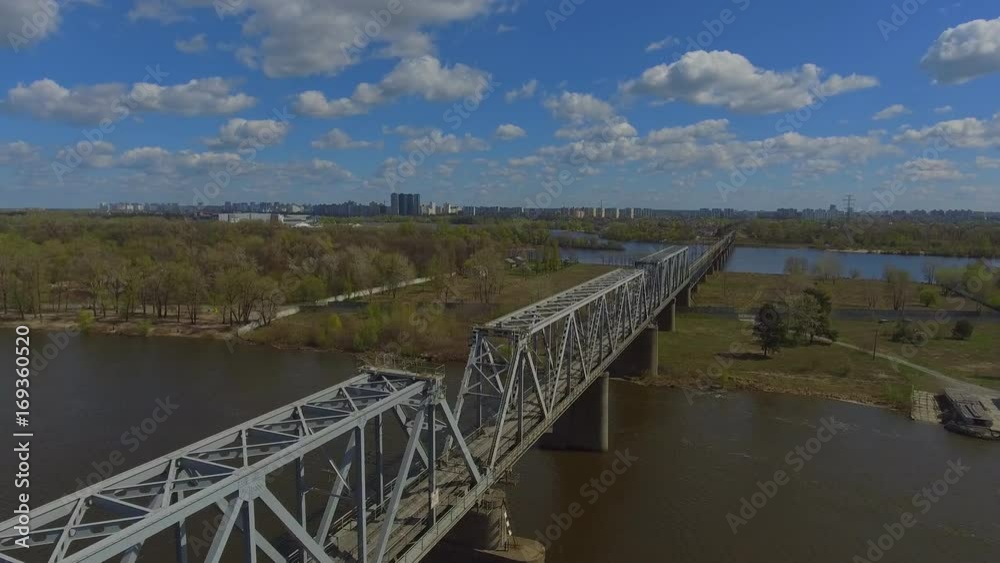 Poster aerial view on the kyiv in spring season. top scene on the bridge over river.