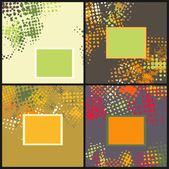 Set with four cards in grunge style with colorful halftone prints