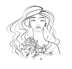 Beautiful women face with long wavy hair on white background, vector illustration hand drawn