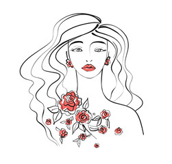 Beautiful women face with long wavy hair on white background, vector illustration hand drawn