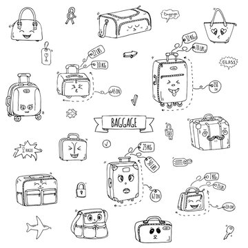 Hand drawn doodle Baggage with funny emoji faces icons set. Vector illustration. Different types of baggage. Large and small suitcase, hand luggage, backpack, handbag, tag. Sketch kawaii cartoon style