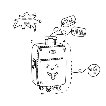 Hand drawn doodle Baggage with funny emoji face icon. Vector illustration.Large or small suitcase, hand luggage, carry-on handbag, tag. Sketch laughing kawaii cartoon style Smile, tong, grin