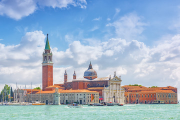 Panoramic view of Venice from the Campanile tower Island of Saint Giorgio Maggiore(Isola di S. Giorgio Maggiore) with San Giorgio Maggiore Church. Italy.