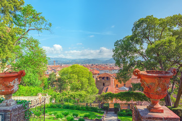 Beautiful landscape above, panorama on historical view of the Florence from Boboli Gardens (Giardino di Boboli ) point. Italy.