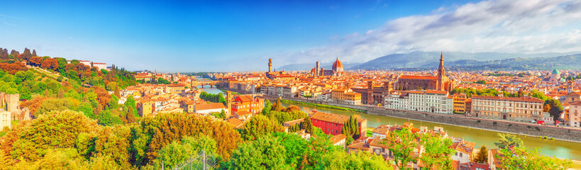 Fototapeta na wymiar Beautiful landscape above, panorama on historical view of the Florence from Piazzale Michelangelo point. Morning time.