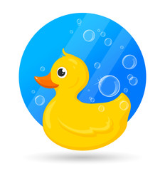 Classical yellow rubber duck with soap bubbles. Vector Illustration of bath toy for baby games. Cartoon style