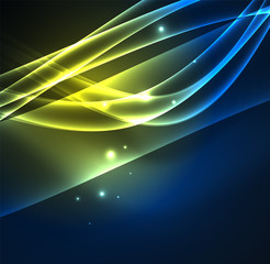 Energy lines, glowing waves in the dark, vector abstract background
