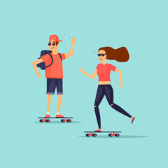 Girl and Guy is riding a skateboard. Flat design vector illustration.