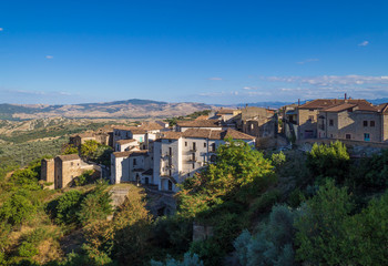 Fototapeta na wymiar Aliano, Italy - A very small town nestled among the badlands hills of the Basilicata region, famous for being the exile and tomb of the writer, painter and politician Carlo Levi