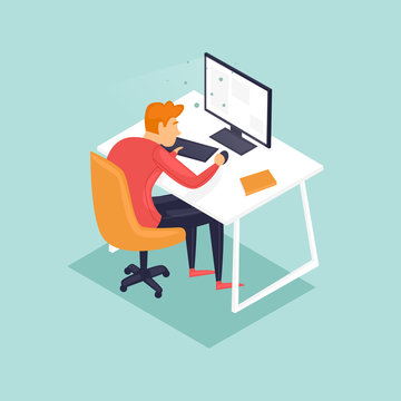 Young man working on the computer programmer, business analysis, design, strategy. 3D Isometric. Flat vector illustration in cartoon style.