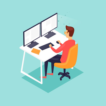 Young man working on the computer programmer, business analysis, design, strategy. 3D Isometric. Flat vector illustration in cartoon style.