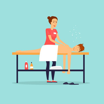Man relaxing on massage table. Female masseur.  Flat design vector illustration.