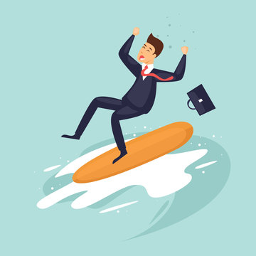 Decline in business. Businessman fell with surf boards. Crisis. Flat design vector illustration.