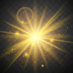 Light effect. Star burst with sparkles. Gold glitter texture on transparent background. Vector Illustration