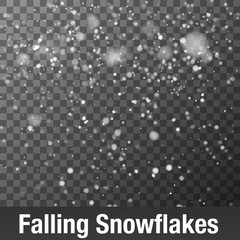 Snowflake vector. Falling Christmas snow fall isolated on transparent background. Vector Illustration.