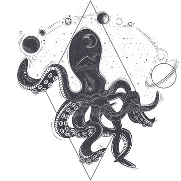 Vector geometric illustration of an octopus and cosmic planets on the white background, a sketch of a tattoo, an engraving, a print, a design element