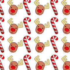 sweet christmas cane and reindeer pattern background vector illustration design