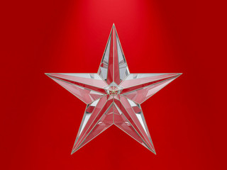 Glass Christmas Star isolated on red Background. 3D rendering