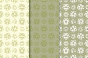 Set of olive green floral seamless patterns