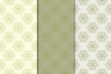Set of floral colored seamless patterns. Olive green backgrounds