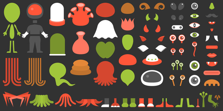 Monster and alien creation kit, suitable for children, Halloween, game application on smart phone, flat design vector