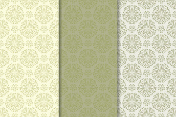 Set of floral colored seamless patterns. Olive green backgrounds