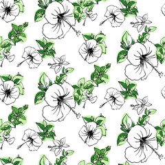 Floral seamless background pattern spring - summer season. Hibiscus flowers hand drawn.Vector illustration for textile, wrapping paper, wallpaper, сurtains .