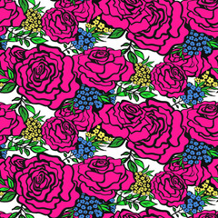 Floral seamless background pattern with roses, spring - summer season. Vector illustration for textile, wrapping paper, wallpaper, сurtains.