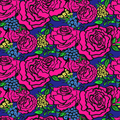 Floral seamless background pattern with roses, spring - summer season. Vector illustration for textile, wrapping paper, wallpaper, сurtains.