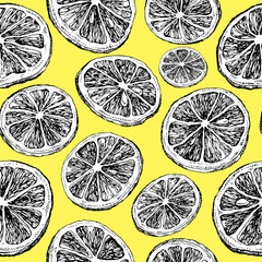 Seamless pattern with sketched lemon slice.