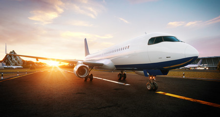 White commercial airplane standing on the airport runway at sunset. Front view of passenger airplane is taking off. Airplane concept 3D illustration.