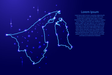 Map Brunei from the contours network blue, luminous space stars of vector illustration
