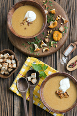 Cream soup from fresh mushrooms chanterelles with croutons. Background, top view, close-up