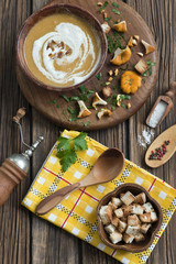 Cream soup from fresh mushrooms chanterelles with croutons. Background, top view, close-up