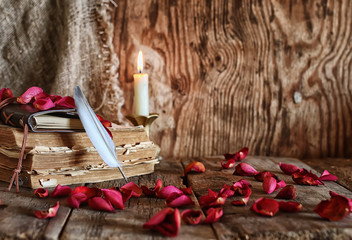 feather and book novel close to the a candle