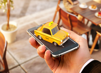 Smartphone application of taxi service for online searching calling and booking a cab. Unusual 3D...