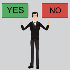 cool businessman character between yes or no