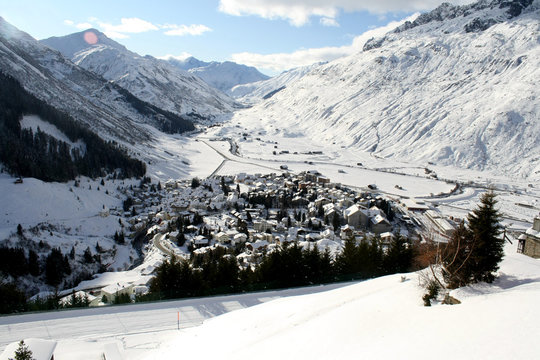 panorama view of visp town in winter in Switzerland, from the view of glacier line
