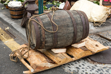 old barrels and tools for wine production